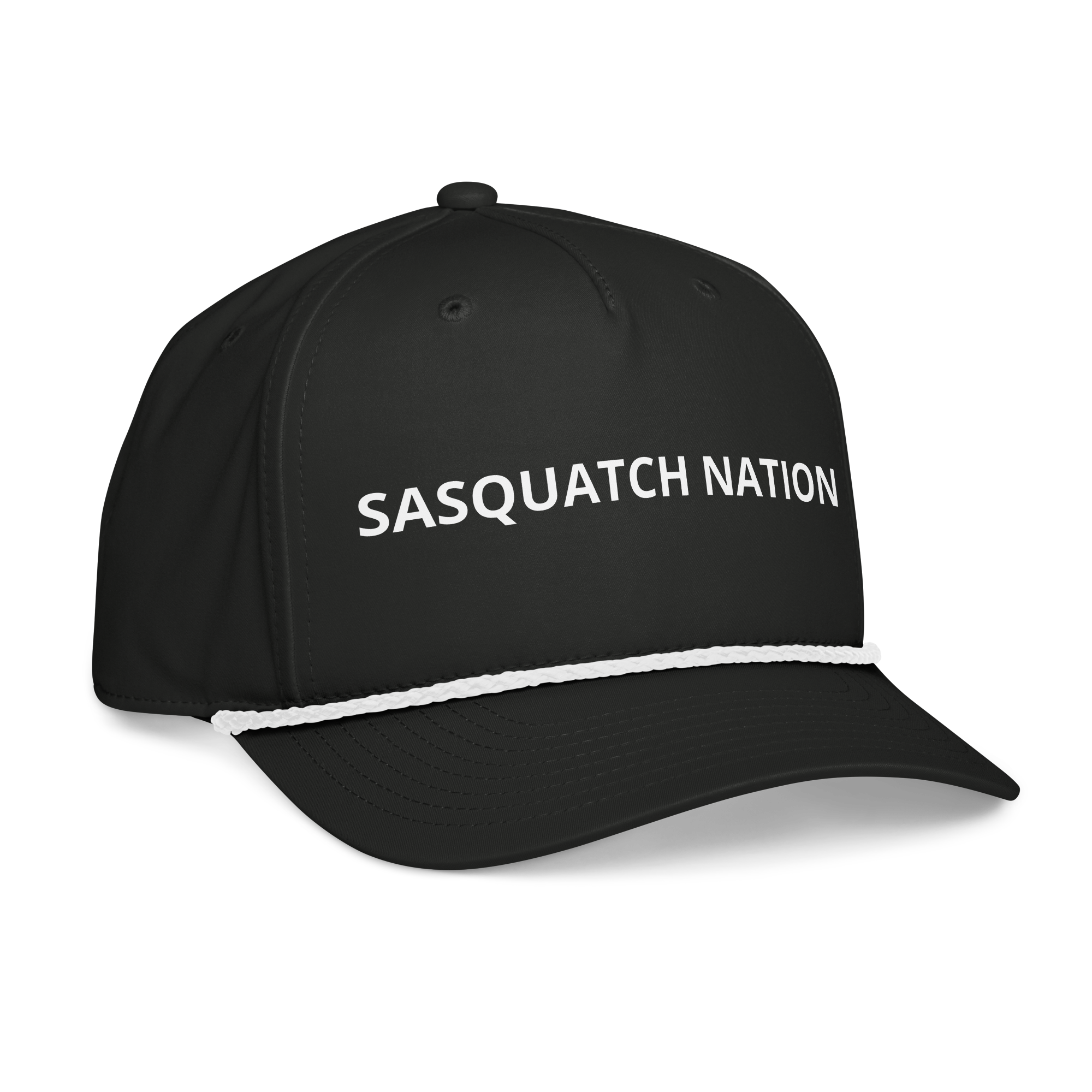 Trailborn Cap black right front – Sasquatch Nation rope cap front view